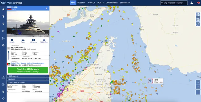 142-метровая суперъяхта «Nord», принадлежащая бизнесмену Алексею Мордашову, вышла из Дубая, прошла Ормузский пролив и следует в направлении Омана; вместе с ней пролив пересекли несколько судов под санкциями и грузовые корабли.