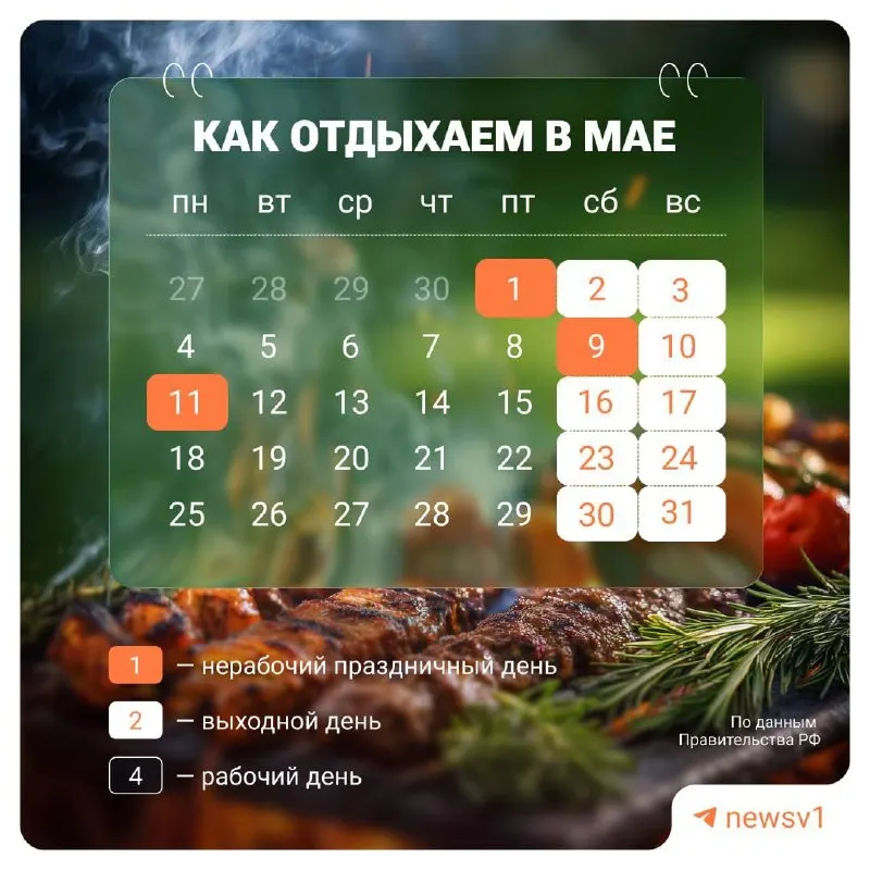 С 9 по 11 мая установлены нерабочие дни в связи с празднованием Дня Победы.