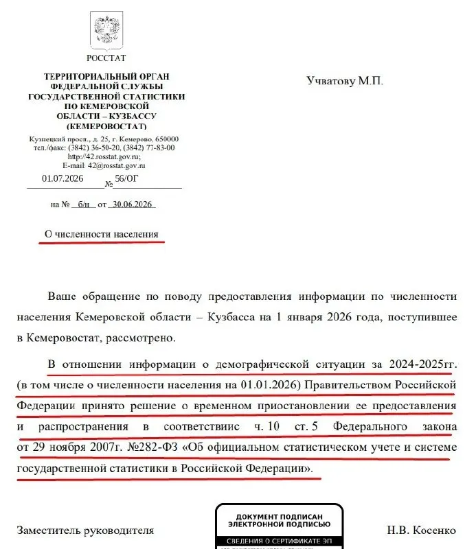 Официальные данные о численности населения за 2024–2025 годы временно не публикуются — в Кемеровостате это объяснили решением правительства РФ.