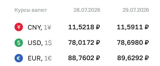 Официальный курс на 29 июля: доллар — ₽78,7, евро — ₽89,63, юань — ₽11,59. Для доллара это максимальный уровень с 8 апреля. По курсу ЦБ рассчитывают облигации и фьючерсы.