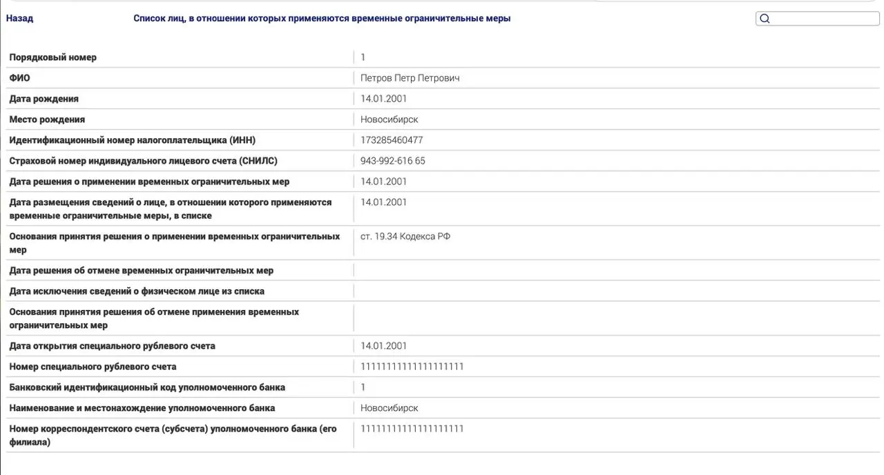 Новый реестр фиксирует ограничения для россиян за пределами страны по политическим делам, включая тестовую запись о нарушителе.